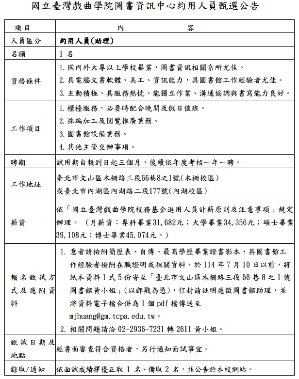 國立臺灣戲曲學院圖書館 誠徵 約用助理1名